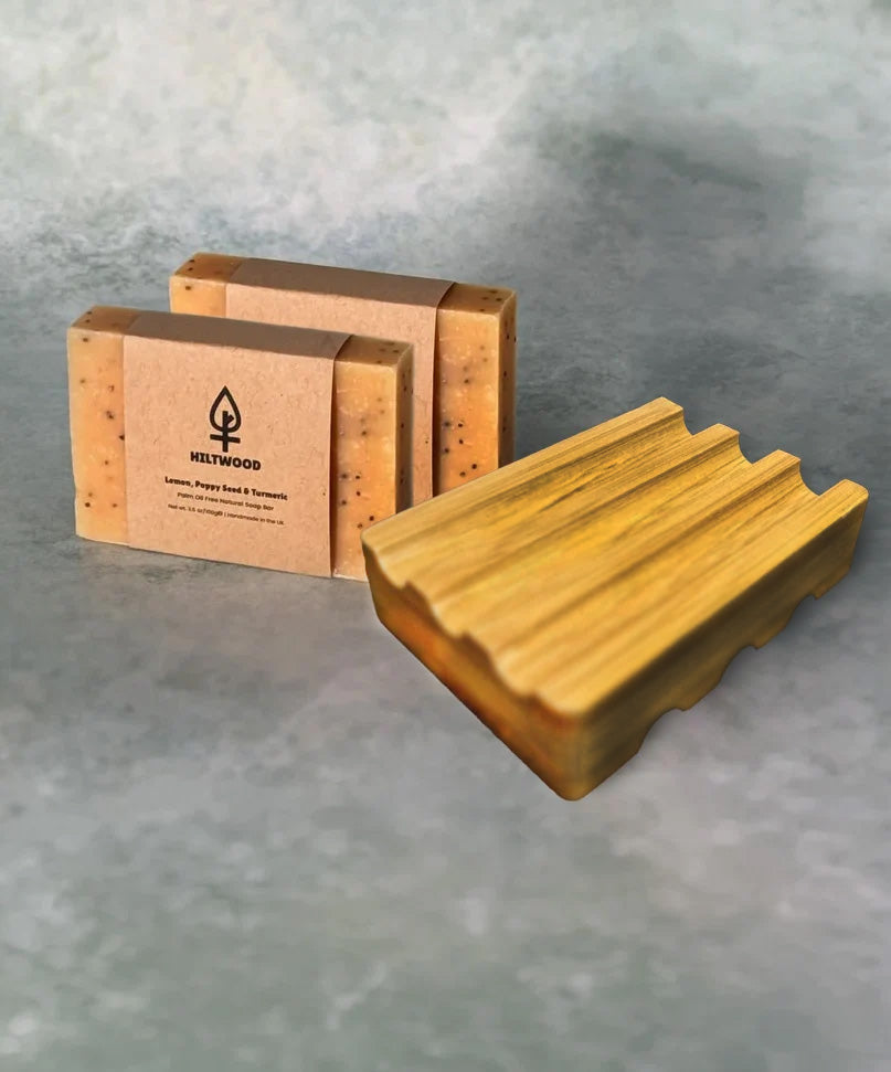 Bamboo Soap Dish & 2 x Lemon Poppy Seed & Turmeric Natural Soap Bars (With Grit) Bundle
